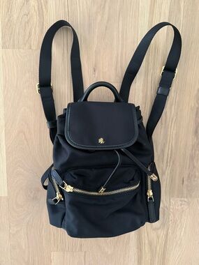 Lauren Ralph Lauren Keely Black Nylon Backpack with Gold Hardware Accents